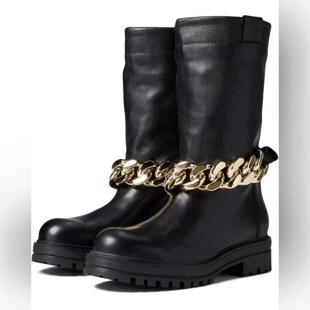 STEVE MADDEN MOTOR CYCLE BIKER DEVOTION MID-CALF BOOTS BLACK SIZE 39 US 8.5